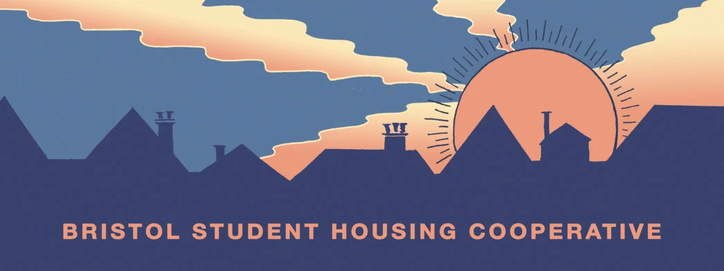 Bristol Student Housing Co-op logo: The Sun rises from behind sillhouetted rooftops.